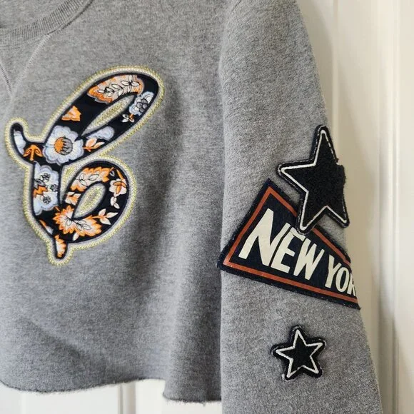 Gray Cropped Sweatshirt New York Floral Patches Upcycled Cute Casual Gym Sporty - Picture 4 of 11